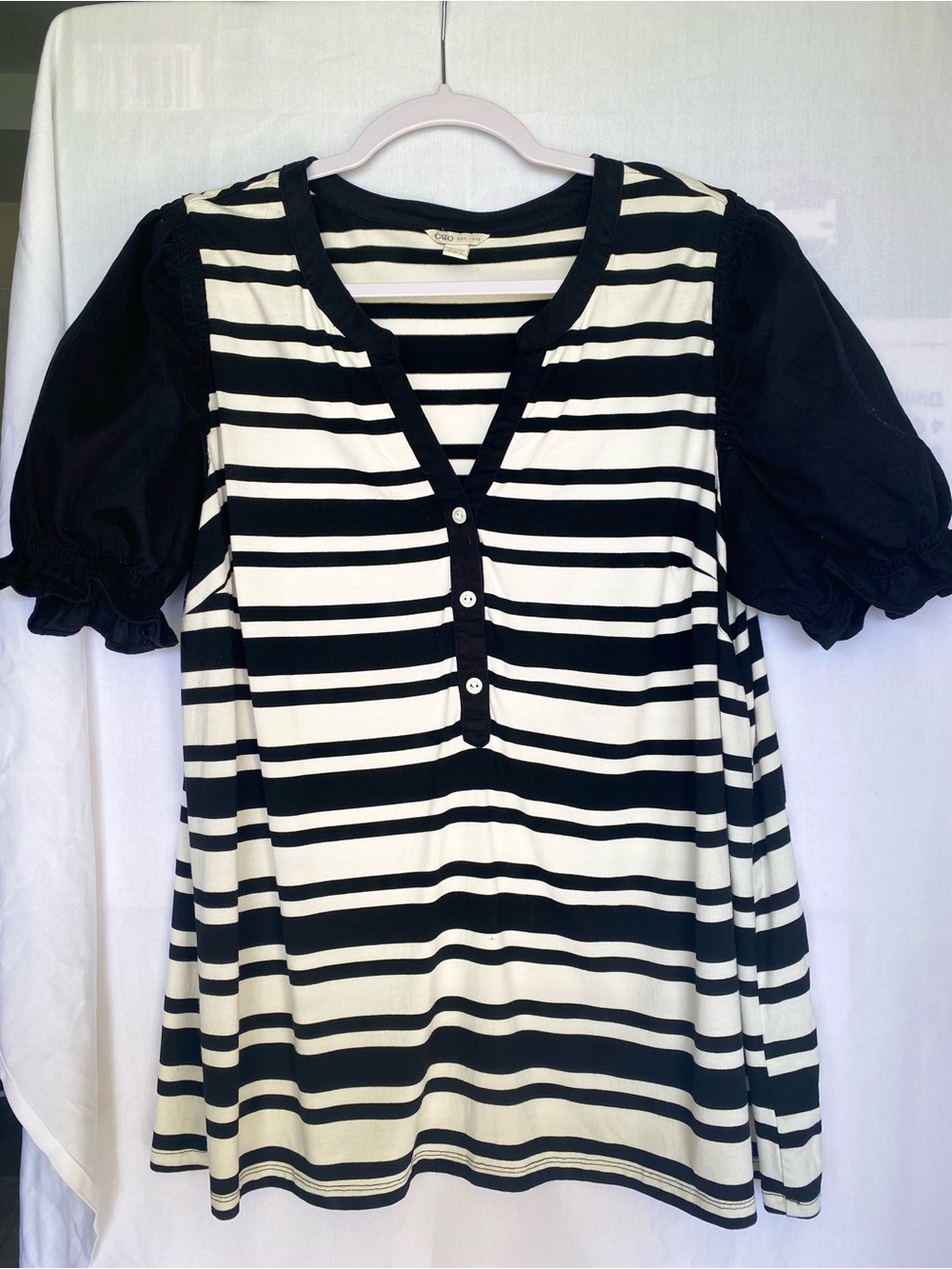 Cato Plus 14/16W Black White Striped V-Neck Puff Short Sleeve Button Top